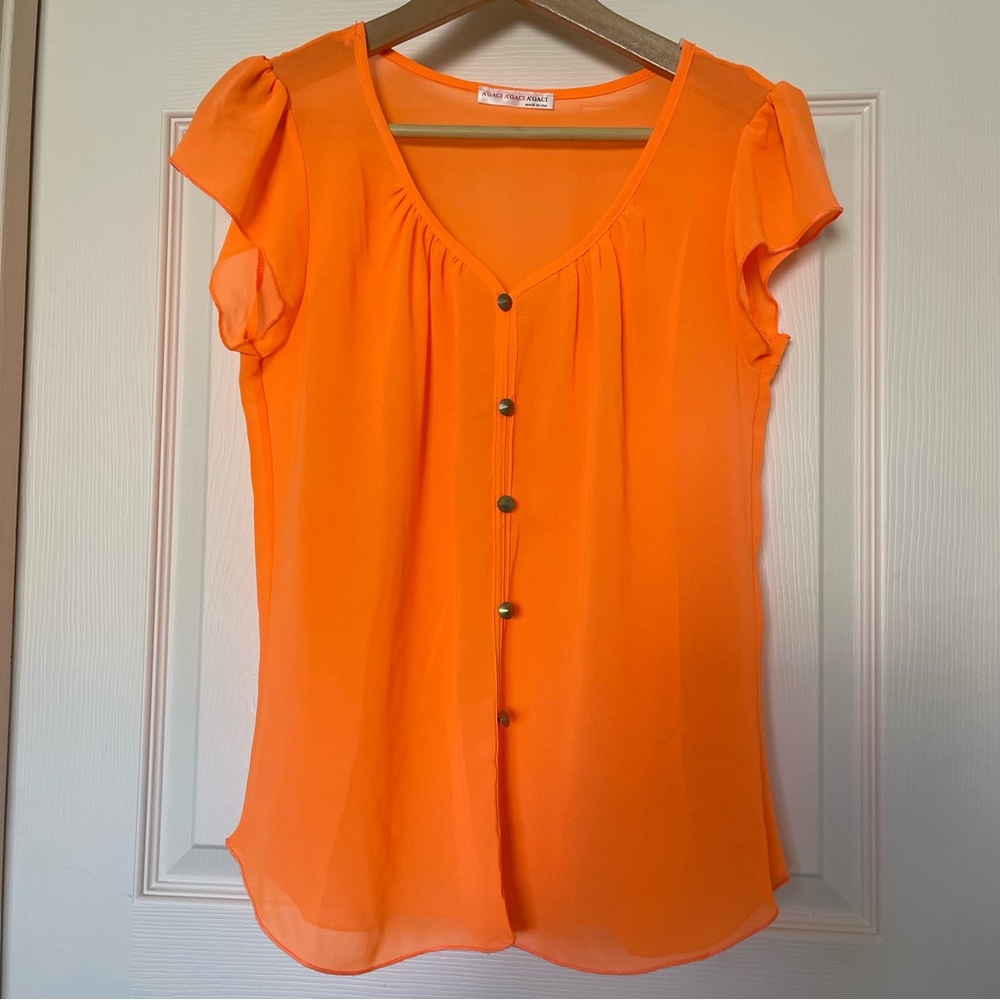 A’gaci Neon Orange Sheer Mock Button down Short Sleeve Blouse